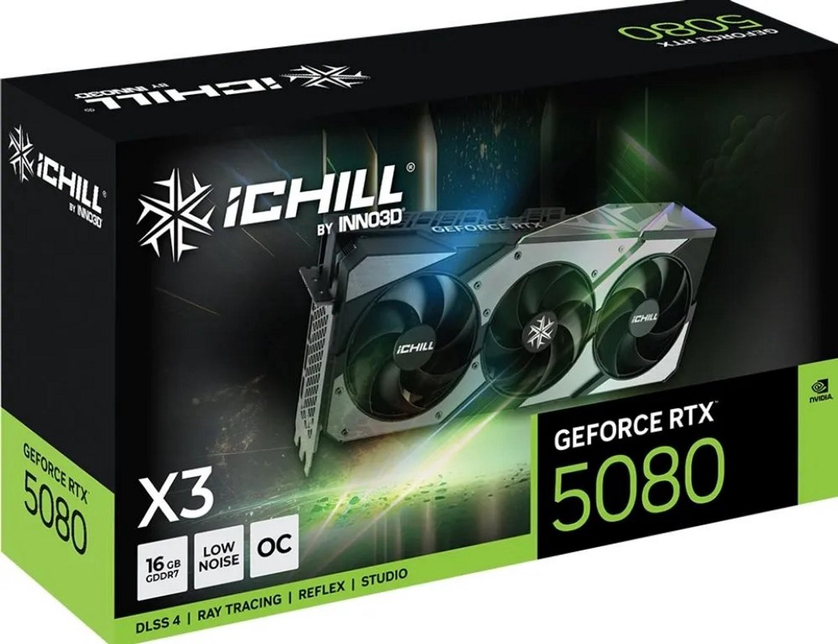 Inno 3D Nvidia RTX 5080 Videokaart iChill X3 16 GB GDDR7-RAM PCIe x16 HDMI 2.1, DisplayPort 2.1 NVIDIA G-Sync , Overclocked
