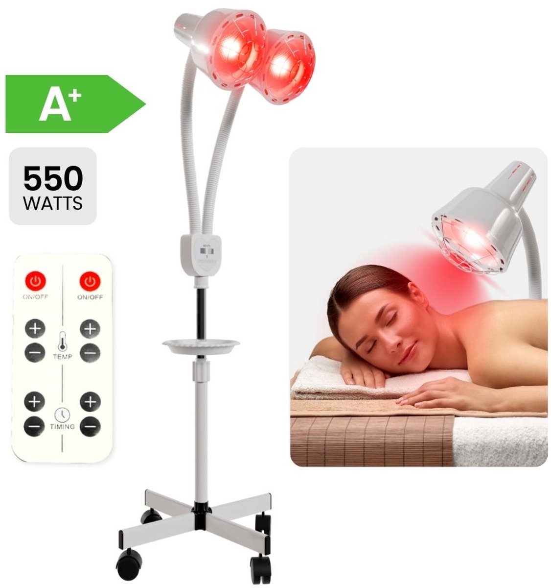 Resty® Infraroodlamp – 550W - Red Light Therapy - Warmte lamp - Timer - Extra Stevige Voet - Dubbele Kop