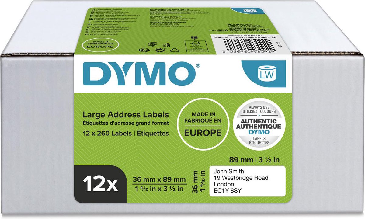 DYMO Rol met etiketten Combipack 2093093 2093093 89 x 36 mm Papier Wit 3120 stuk(s) Permanent hechtend Adresetiketten