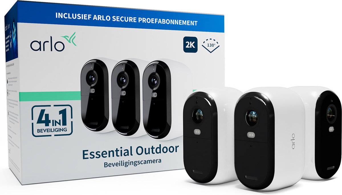 ARLO ESSENTIAL2 2K OUTDOOR CAMERA 3-PACK VMC3350-100EUS IP-Bewakingscameraset WiFi Met 3 cameras 2688 x 1520 Pixel