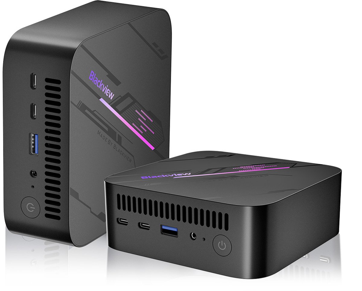 Blackview MP100 - Mini PC - 16 GB DDR4 - 512 GB M.2 SSD - AMD Ryzen™ 7 5825U - Tot 4,5 GHz - Windows 11 Pro - WiFi 6 - 4K UHD - RGB-verlichting - Zwart