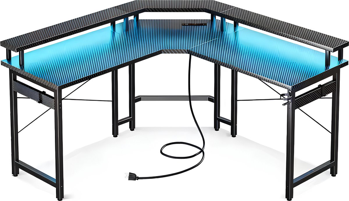 Lugia Hoekbureau - Gaming Bureau - L-Vormig 130cm x 78cm x 48cm - Bureau - Led Verlichtingen - Krasbestendig - Monitor Stand - Stopcontact - Gaming De