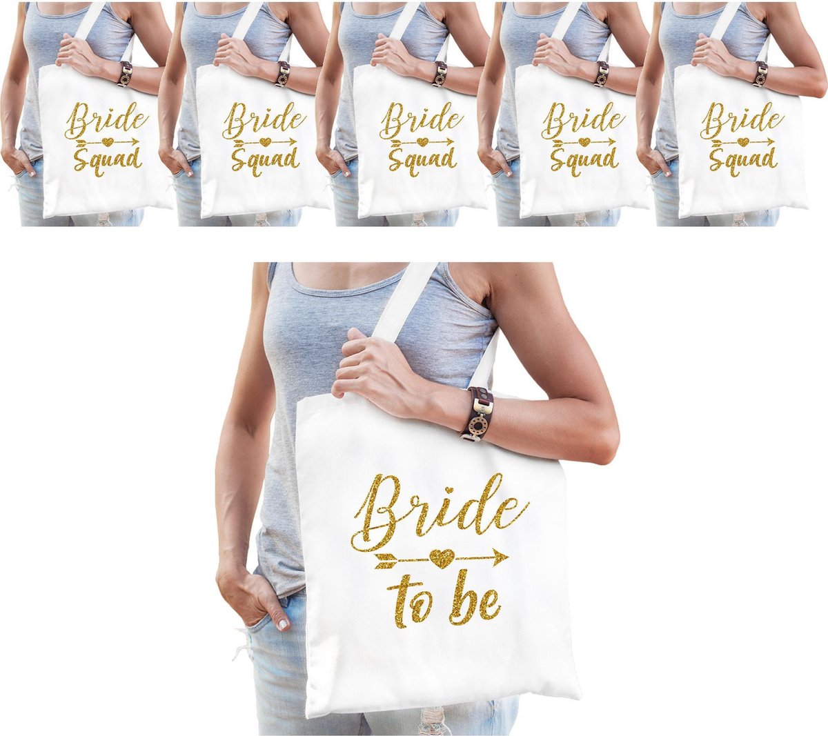 Vrijgezellenfeest dames tasjes/ goodiebag pakket: 1x Bride to Be wit+ 7x Bride Squad wit -