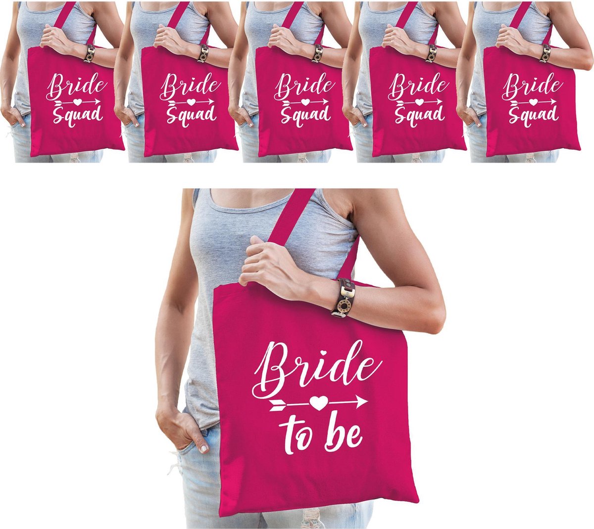Vrijgezellenfeest dames tasjes/ goodiebag pakket: 1x Bride to Be roze+ 9x Bride Squad roze -