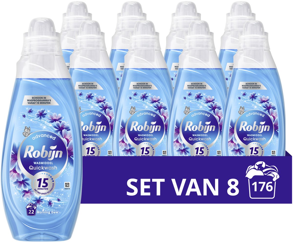 8x Robijn Advanced Quickwash Vloeibaar Wasmiddel Morning Dew 22 Wasbeurten 837 ml