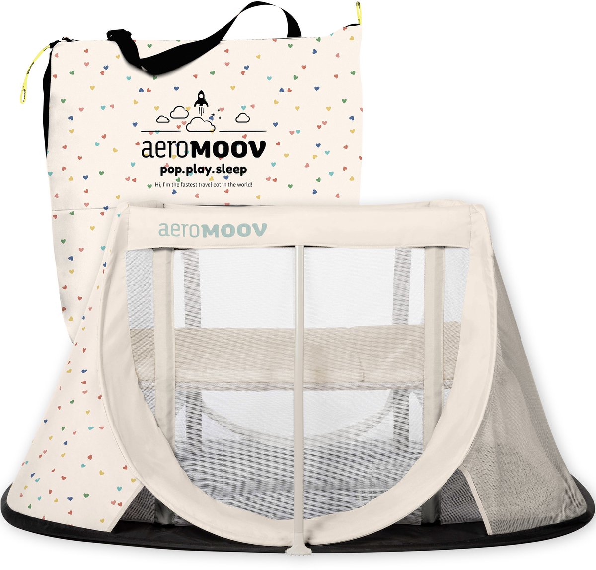 AeroMoov Campingbedje / Reisbedje met matras - voor baby en peuter - met bodemverhoger - Opgezet in 2s - Confetti Hearts