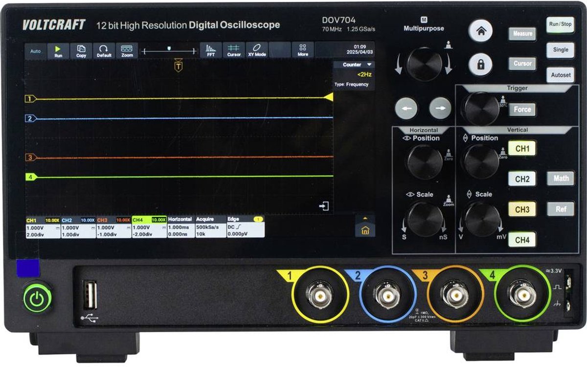 VOLTCRAFT DOV704 Digitale oscilloscoop 70 MHz 4-kanaals 1.25 GSa/s 50 Mpts 12 Bit Digitaal geheugen (DSO) 1 stuk(s)