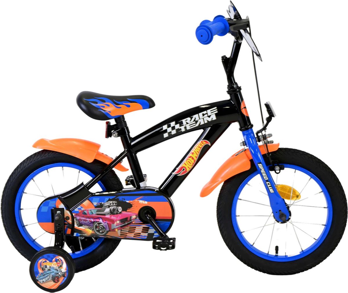 Hot Wheels Kinderfiets - 14 inch - Jongens - Handrem en Zijwieltjes - Zwart Oranje Blauw