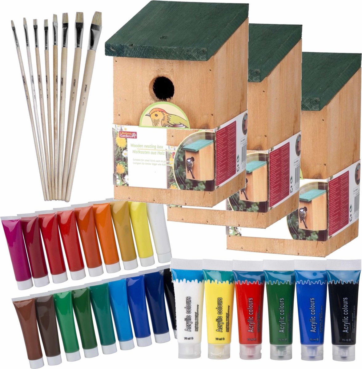 10x stuks houten vogelhuisje/nestkastje 22 cm - Zelf schilderen pakket - verf/kwasten -