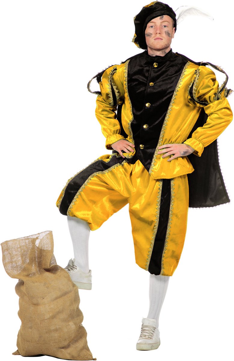 Pietenpak roetveeg Piet Luxe - geel - pieten verkleed kostuum 3-delig - volwassenen 50 (S/M) -