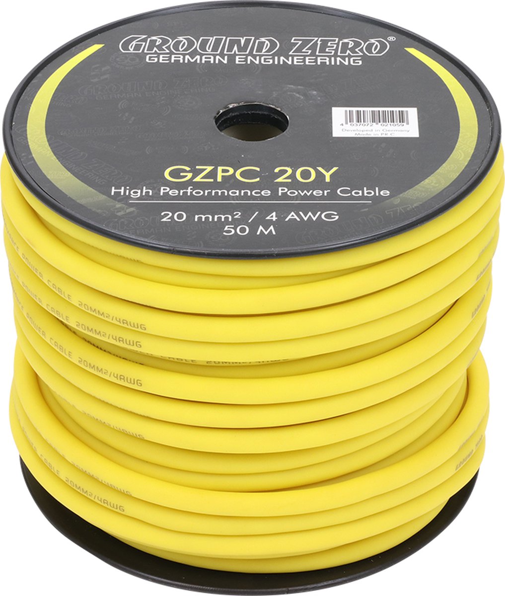 Ground Zero GZPC 20Y versterkervoedingskabel, geel 20mmÂ² - 50 Meter