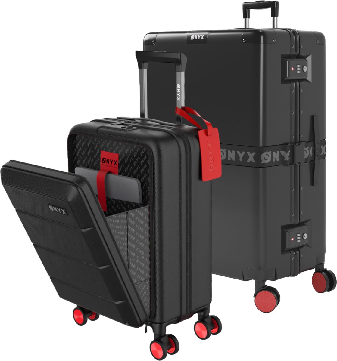 ONYX 2-delige Kofferset - Handbagage met voorvak en Check-in koffer - 35L/100 L - TSA slot - Lichtgewicht Trolley - Aluminium sluiting - Zwart