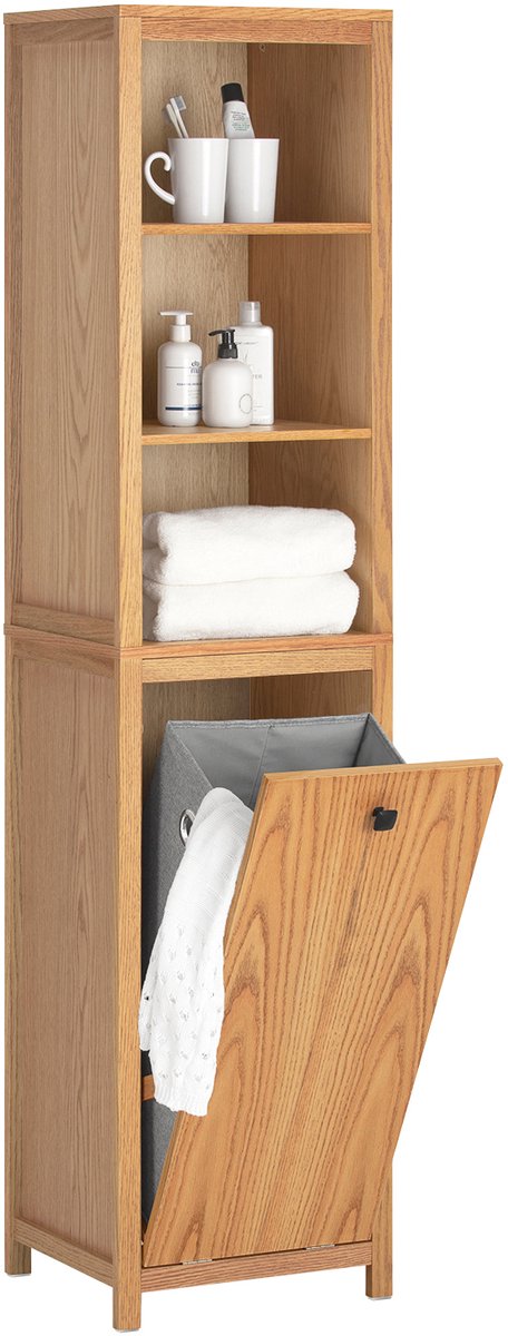 SoBuy BZR95-N - Badkamerkast - Hoge Kast met Planken&Wasmand - Lichtbruin