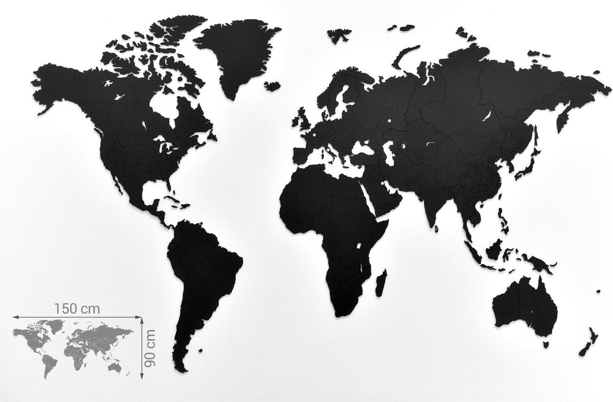 MiMi Innovations® Luxe Houten Wereldkaart - True Puzzel - 150 x 90 cm - Zwart