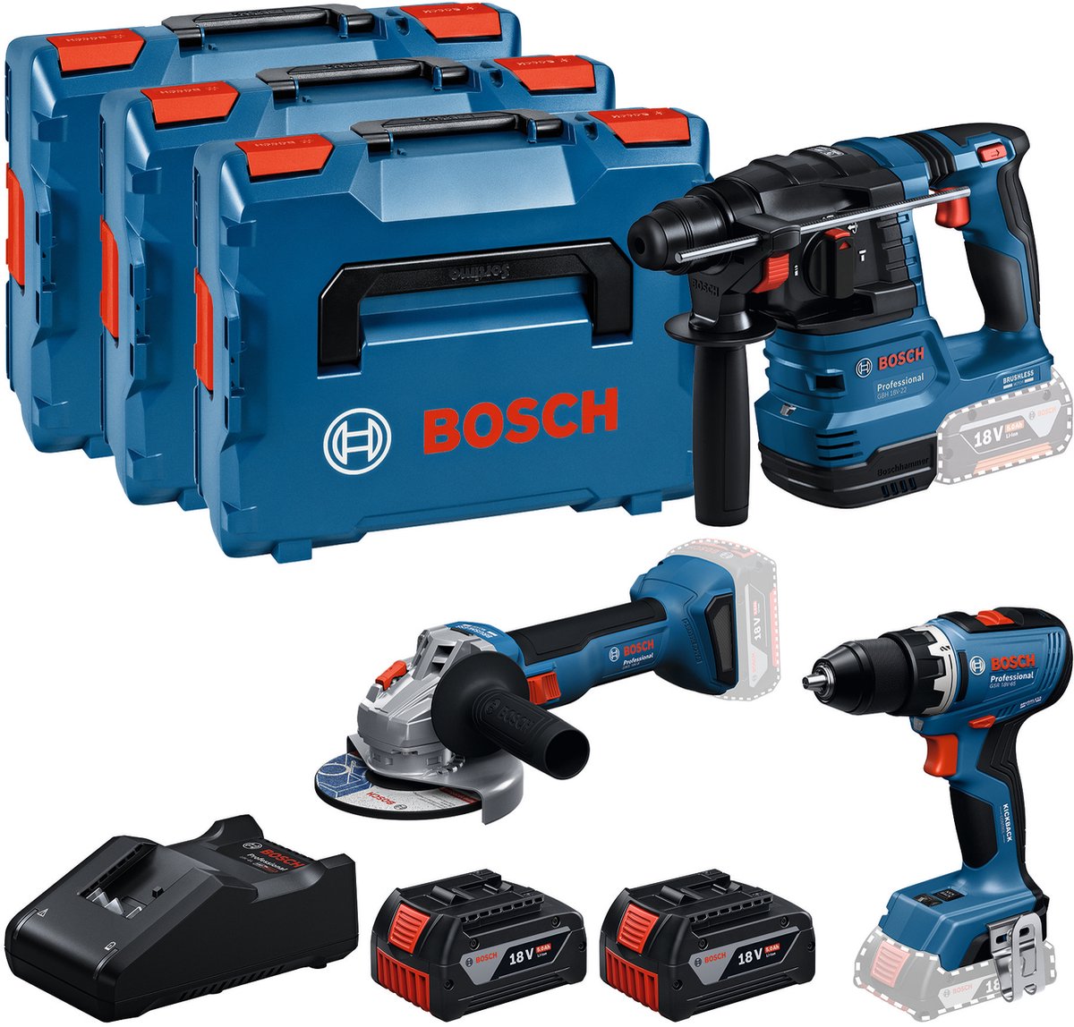 Bosch Blauw Accutoolkit 3 Toolkit 18V (2x GBA 18V 5.0Ah, lader GAL 18V-40, GSR 18V-65, GBH 18V-22, GWS 18V-8) - 0615A5009G