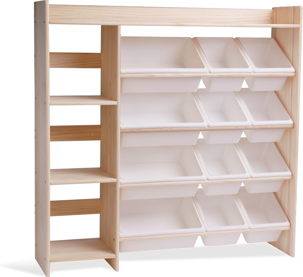 Premium Massief Houten Montessori Speelgoedkastmet 9 Opslagbakken&Boekenplanken - W115× H115 × D30 cm - Speelgoedopbergrek - Opbergplank - Opbe