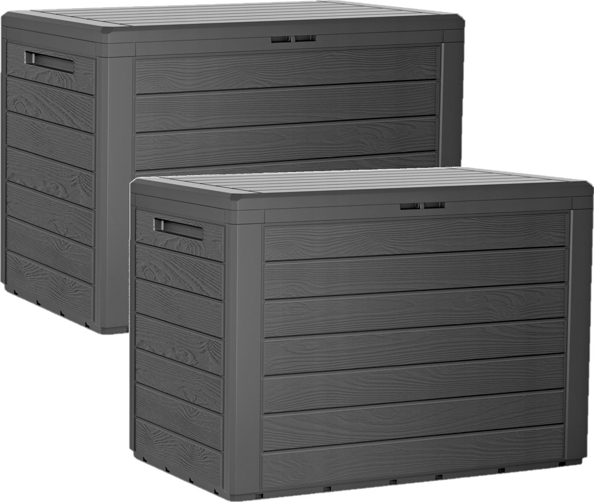 Prosperplast antraciet tuin kussen opbergbox - 2x - hout patroon - 190 liter - kunststof - Tuinopber -