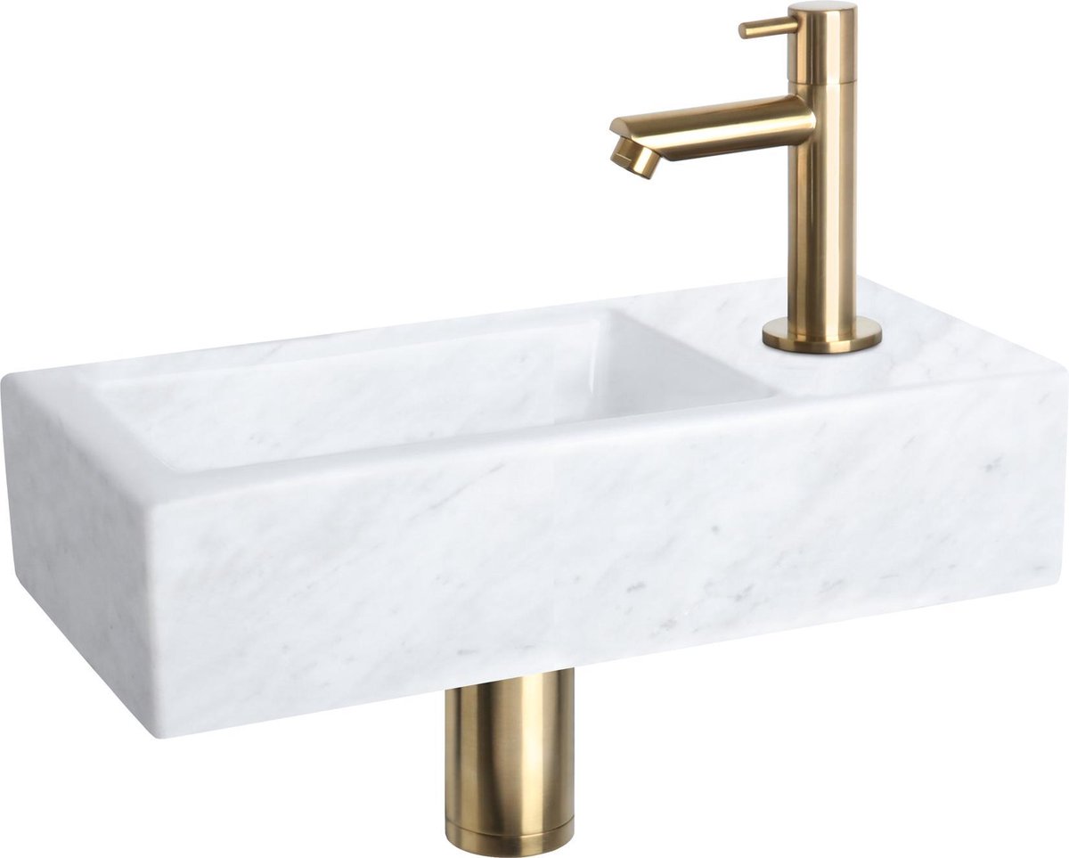 Differnz Helios Fonteinset - Wasbak Marmer met Kraan Recht - Mat Goud - 37.5 x 18.5 x 9.5 cm