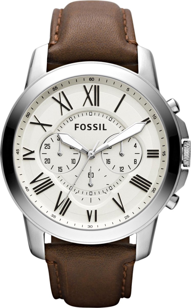 Fossil Grant FS4735 - Herenhorloge 44 mm - Lederen band - Zilverkleurig