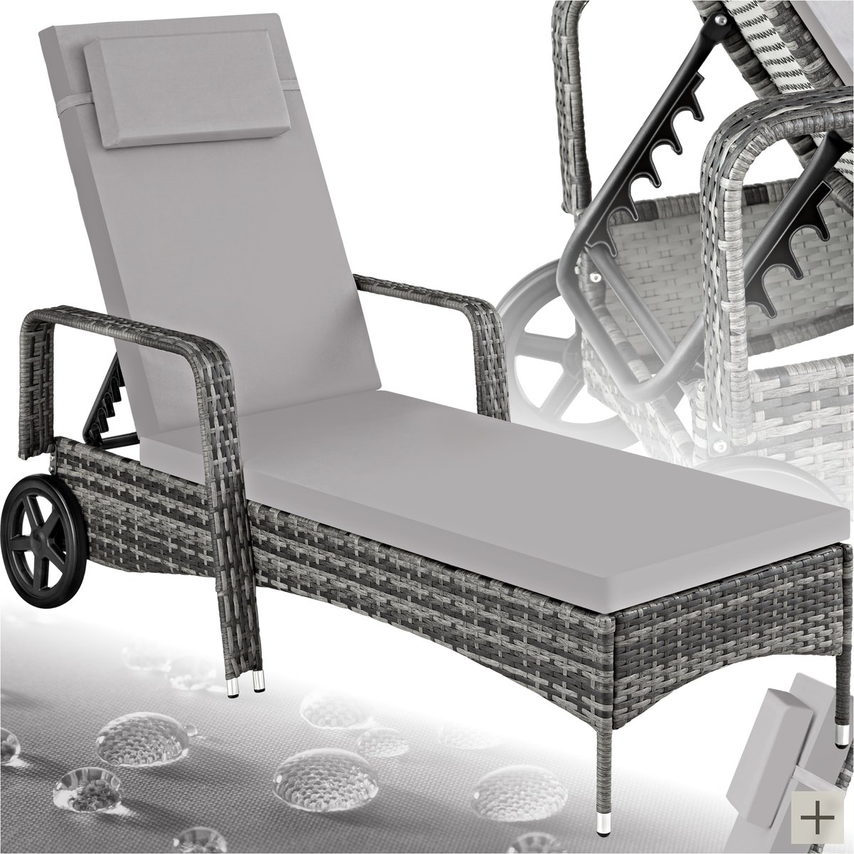 tectake® - Wicker ligbed - Verstelbare rugleuning in 6 standen - Incl. lig- en hoofdkussen - grijs
