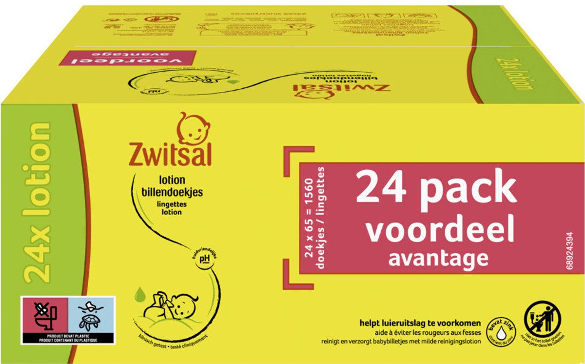 2x Zwitsal Billendoekjes Lotion Voordeelverpakking 24x65= 1560 stuks