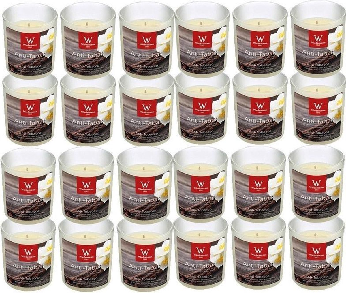 Trend Candles Geurkaars - 24x - in glas - Anti tabac aroma - 25 branduren - 7 x 8 cm -