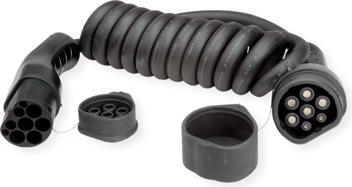 ROLINE Auto oplaadkabel Type2, 3-fase, 480VAC (3P+N+E), 16 A, 11 kW, spiraalkabel (bruikbaar 3m)