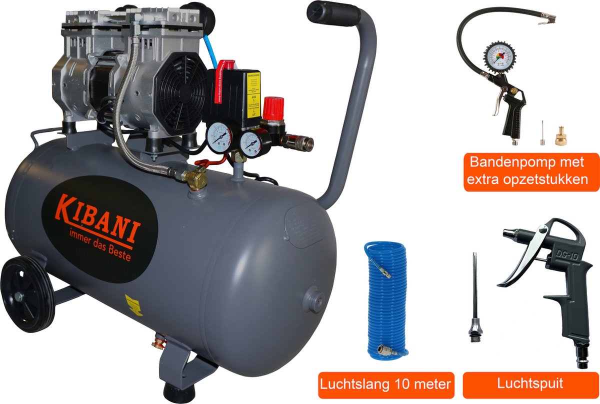 Kibani Super stille compressor 50L - Olievrij - 190L/min 8 bar - Inclusief luchtslang en bandenpomp (set)