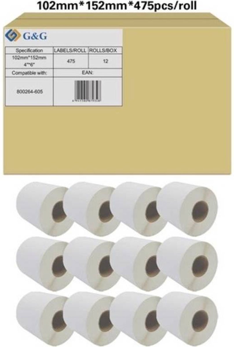 G&G RL-P-S2011-102*152*475-BK/WT Rol met etiketten 102 x 152 mm Papier Wit 12 rol/rollen Permanent hechtend Universele etiketten