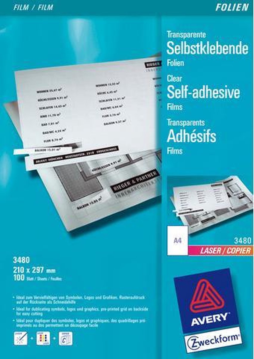 Avery-Zweckform 3480 3480 Zelfklevende folie DIN A4 Laser (kleur), Laser (zwart/wit), Kopiëren (kleur), Kopiëren (zwart/wit) Transparant 100 stuk(s)