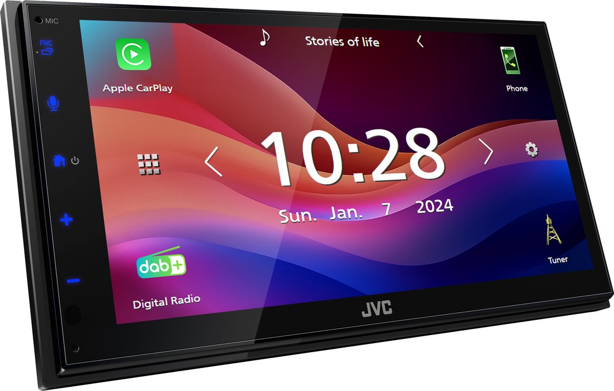 JVC Autoradio met scherm dubbel DIN Apple CarPlay, Android Auto, Aansluiting voor achteruitrijcamera, DAB+ tuner, Bluetooth handsfree