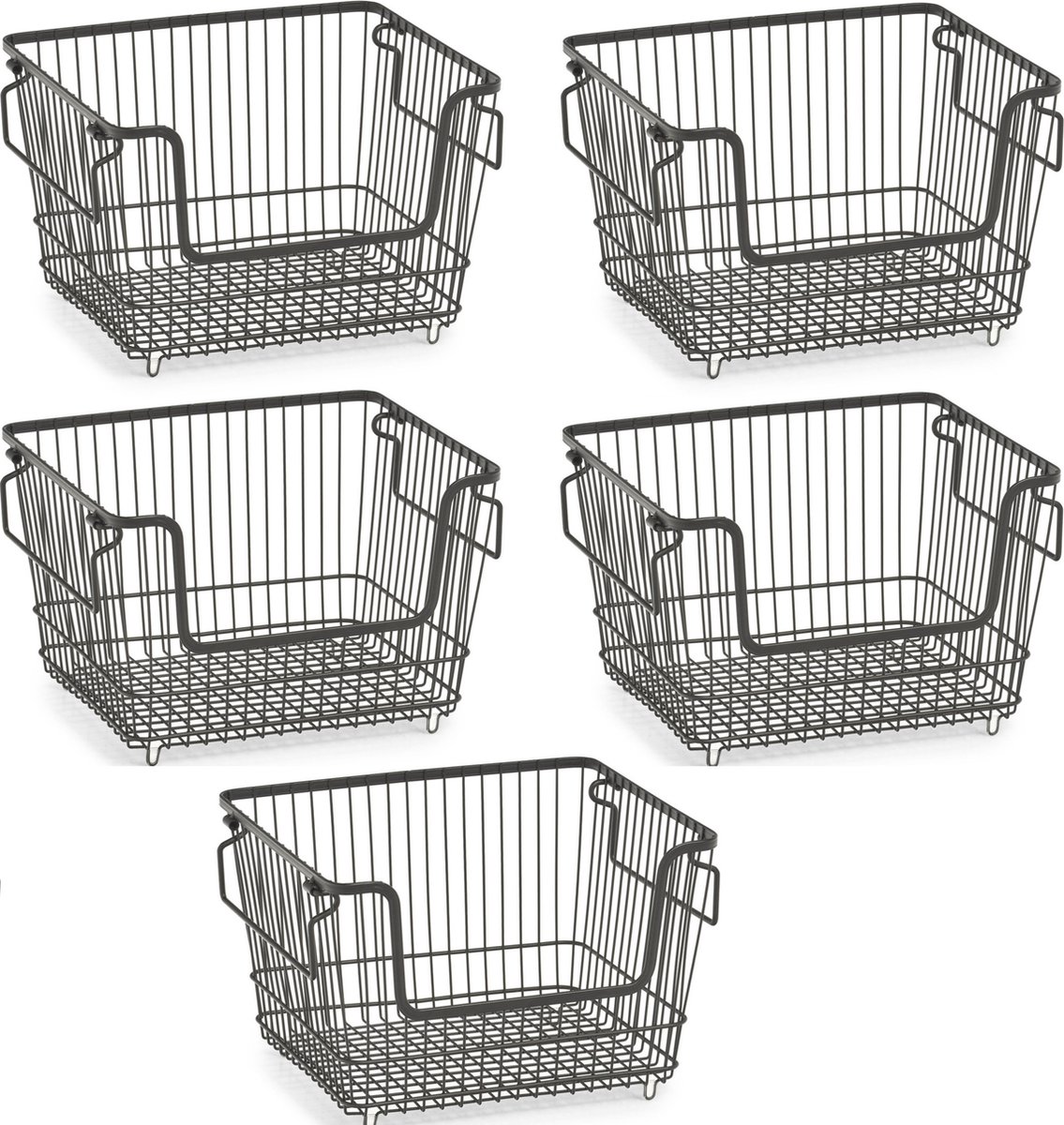 Zeller opberg draadmandje - 5x - zwart - stapelbaar - 33 x 27 x 21 cm - metaal - kastmanden -
