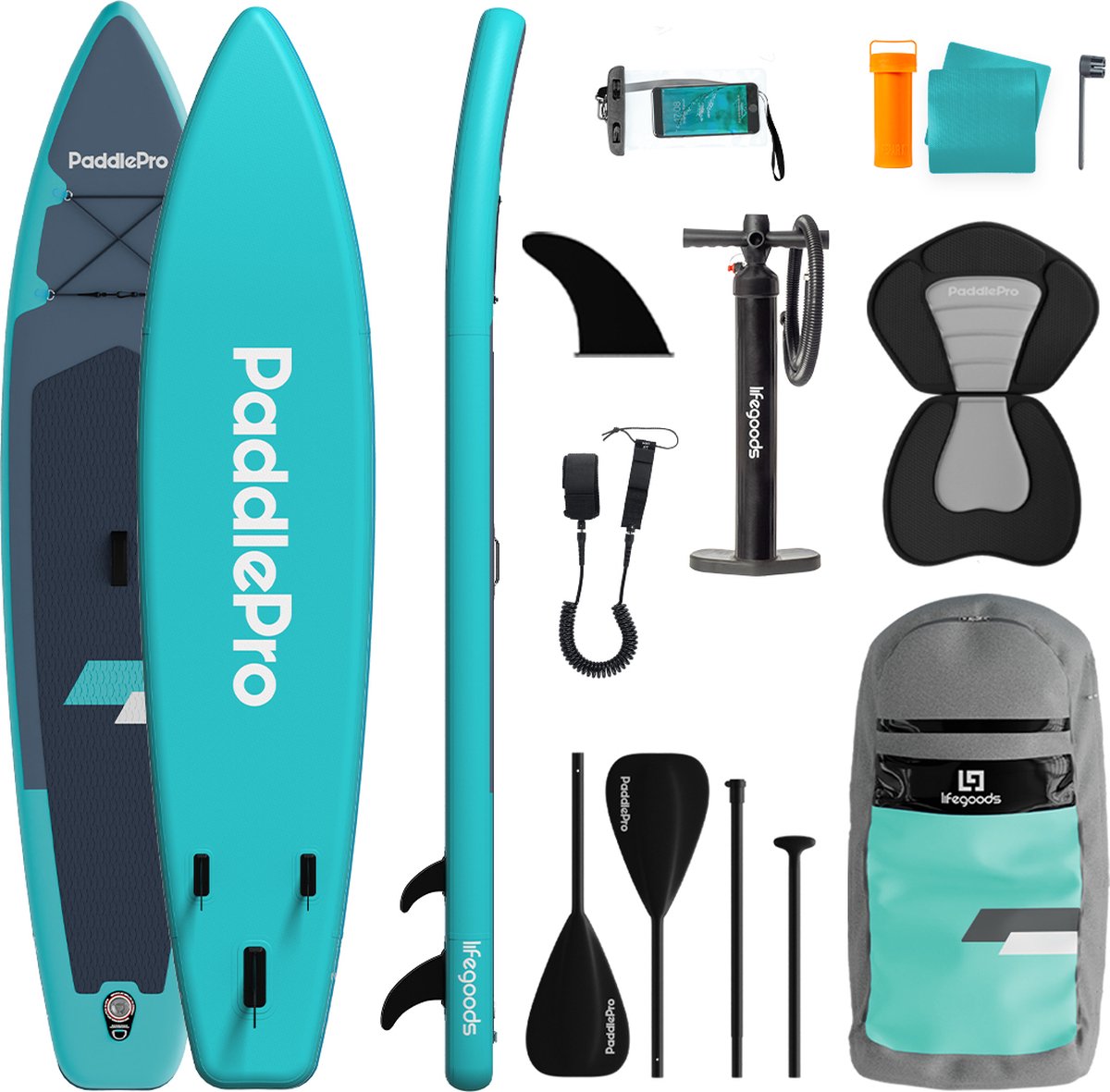 LifeGoods PaddlePro Touring SUP Board - Opblaasbaar - 165 KG Draagkracht - 365 x 76 cm - Inclusief Zitje - Turquoise