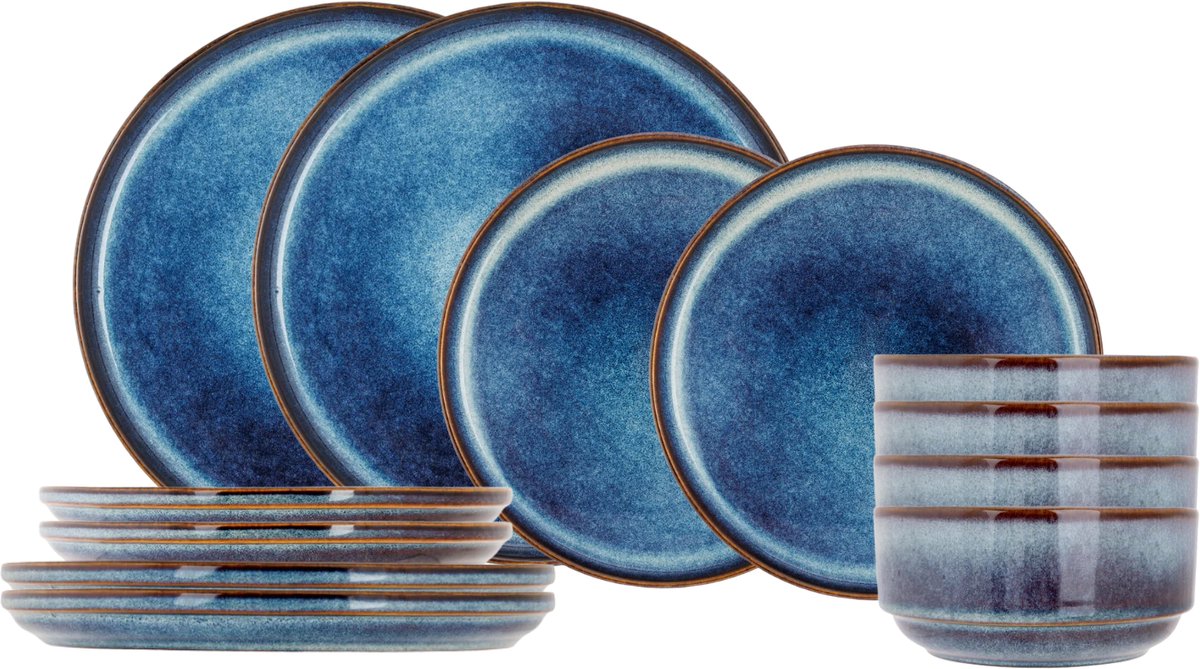Cosy & Trendy Serviesset Jade Indigo 12-delig / 4 personen - 4 dinerborden, 4 ontbijtborden en 4 kommen