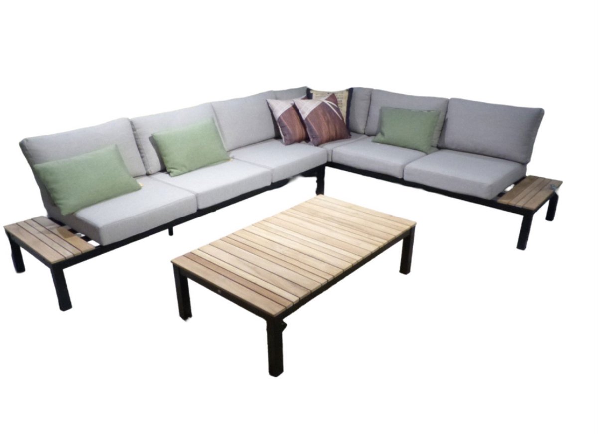Tori loungeset black, teak inclusief flax beige kussens 325x255 cm Yoi met tafel 120x78 cm - Yoi
