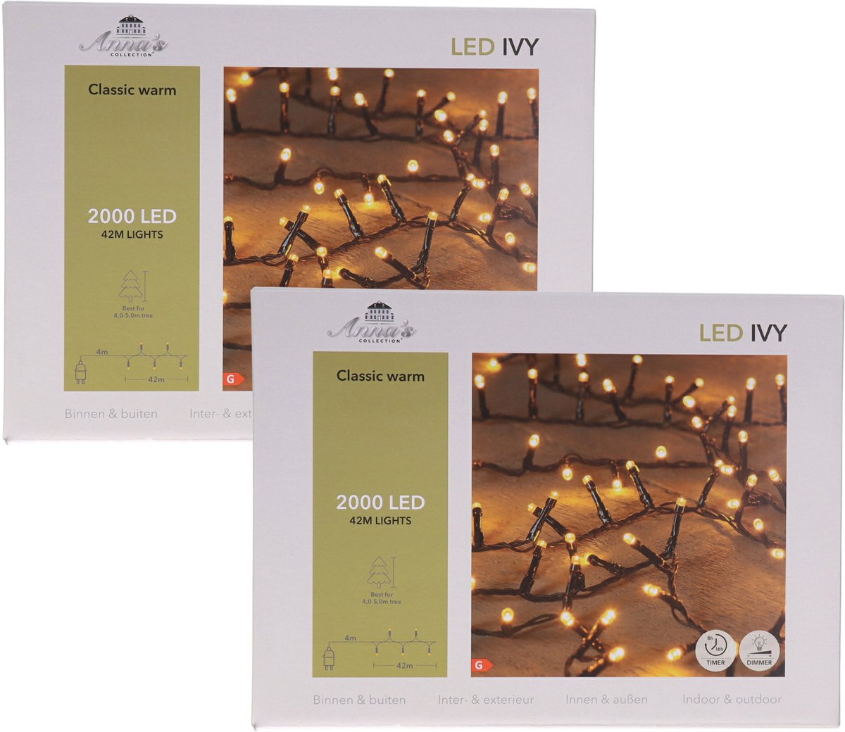 Kerstverlichting Ivy - 2x - 2000 led lampjes - klassiek warm wit - 42 meter - lichtsnoer -