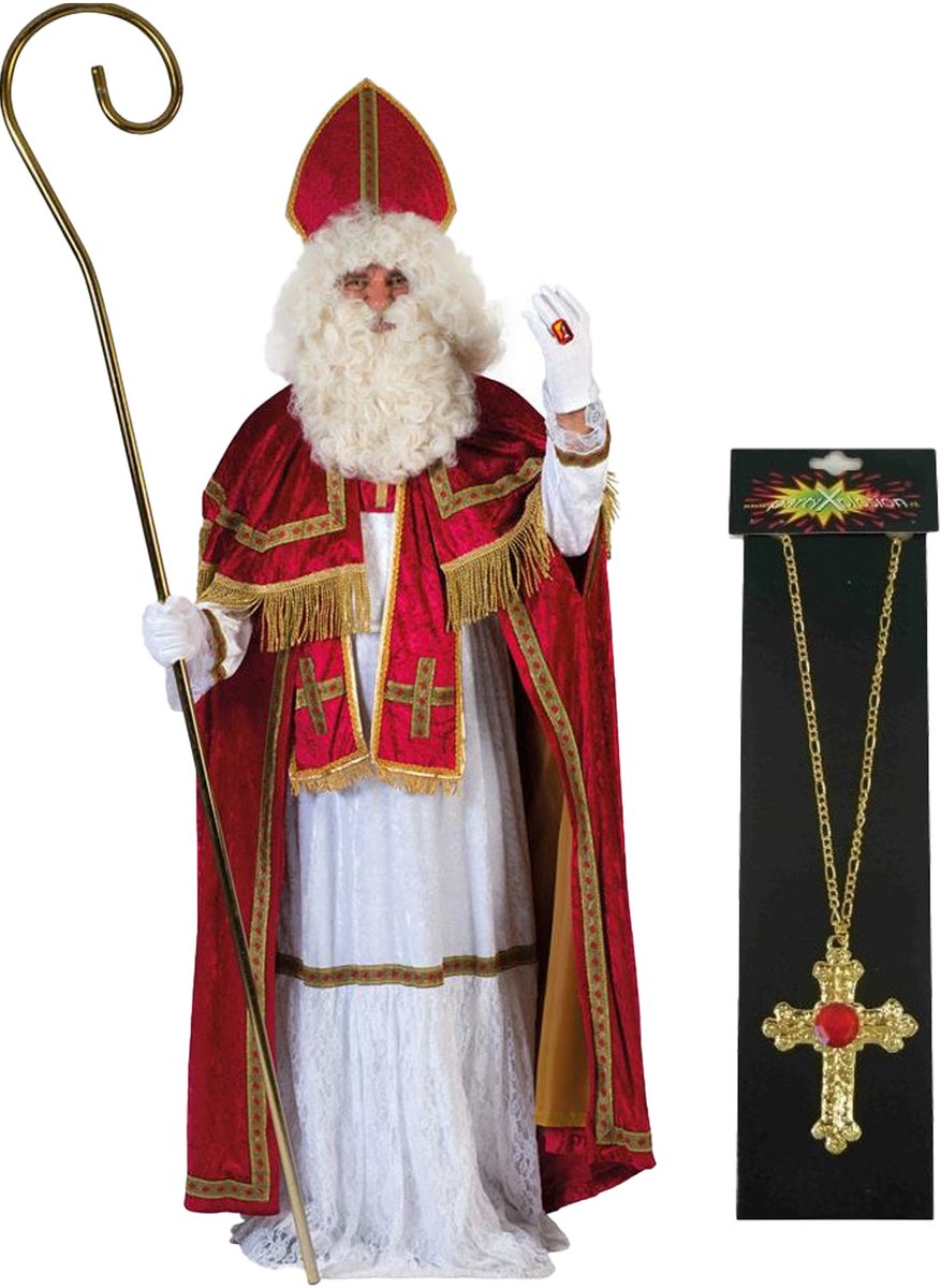 Funny Fashion Sinterklaaspak - verkleedkleding kostuum - inclusief kruis ketting met rode steen One size -