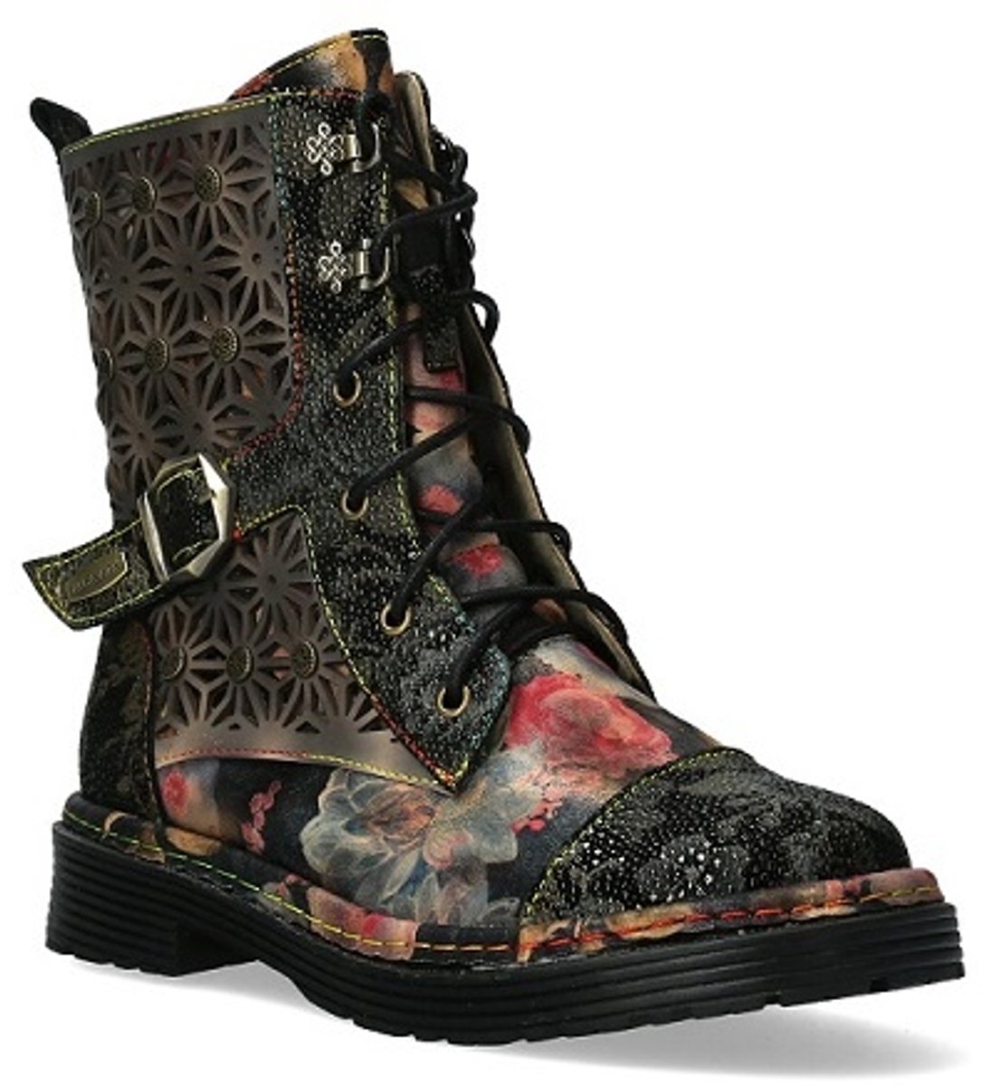 Laura Vita Incaso 36 Zwarte Bloemen Dames Gothic Victoriaanse Leren Enkelhoge Laarzen