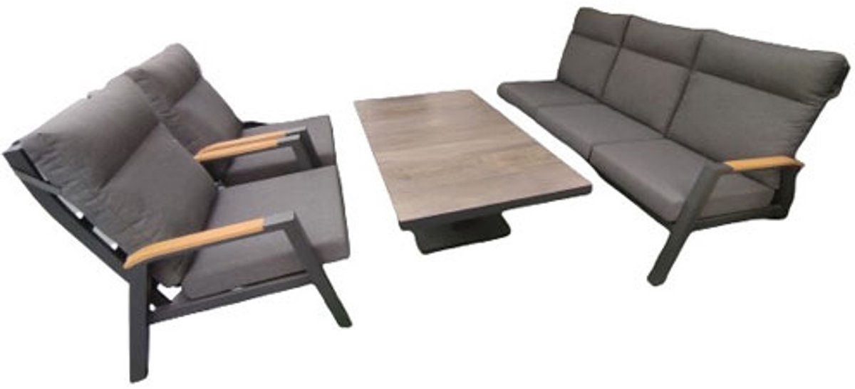 Carouge loungeset 4 delig teak antraciet hoge tafel Afmetingen: Loungebank L190 x B85 x H95, Fauteuil L71 x B85 x H95, Tafel L140 x B85 x H77 Driesprong Collection. - Driesprong collection