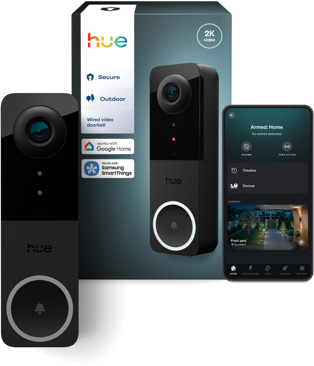 Hue Secure bedrade videodeurbel 2K-video en tweerichtingsaudio, Werkt met Philips Hue lampen, Dag- en nachtvisie, Vereist een 12-24 VAC - min 10 VA transformator (niet inbegrepen)