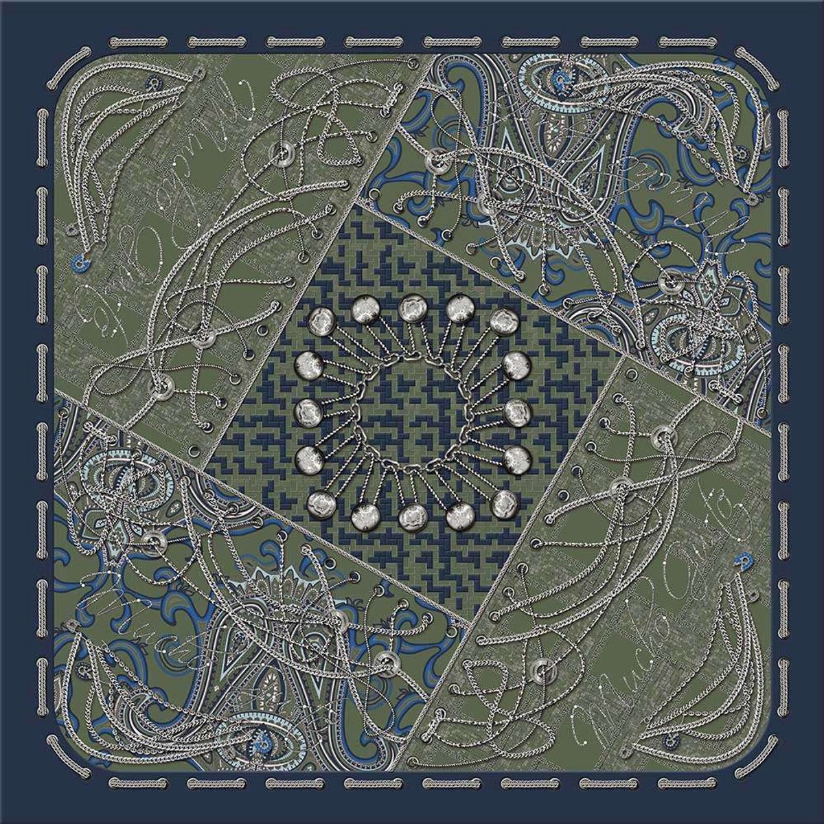 Mucho Gusto Wollen sjaal zürich blauw/groen met kettingprint