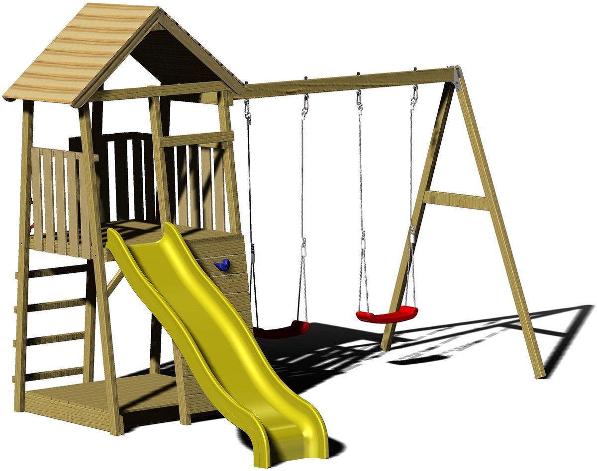 Wendi Toys Houten speeltoren pinguïn glijbaan, klimwand en 2 schommels