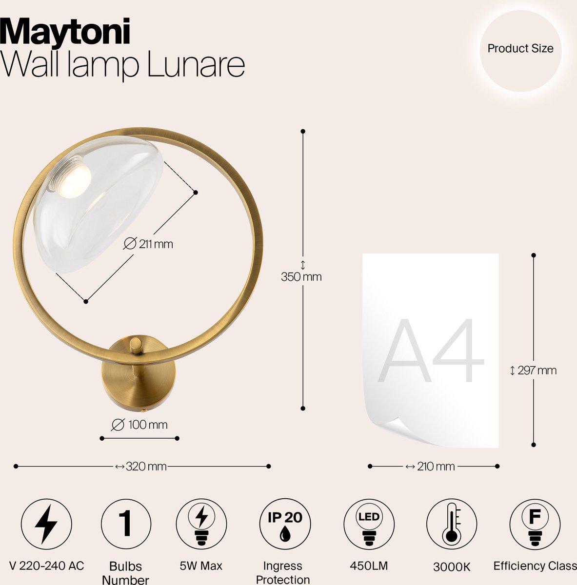Maytoni wandlamp lunare messing Ø32