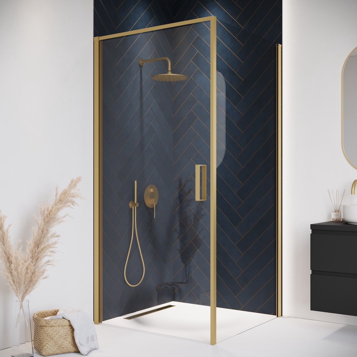 Badplaats Douchecabine alava 90 x 90 x 190 cm goud douchewand met draaideur