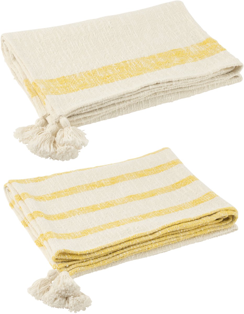 J-Line Plaid stripes+tassels cotton white/yellow assortment of 2
