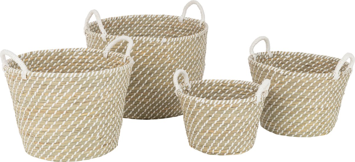 J-Line Set of 4 basket round handles straw natural/white