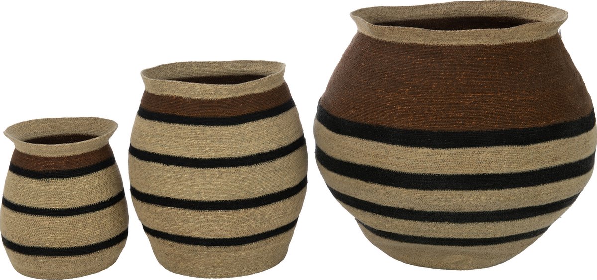 J-Line Set of 3 baskets round striped marie seagrass brown black
