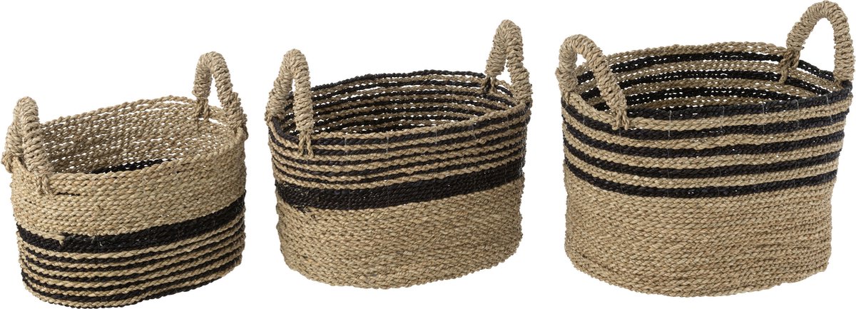J-Line Set of 3 baskets aline raffia black/natural