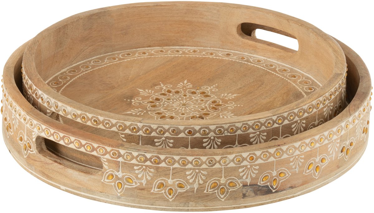 J-Line Set of 2 tray 2 handle beads mango wood natural/white