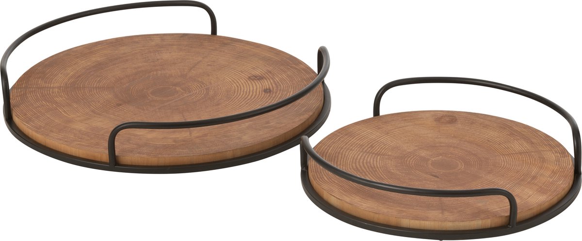 J-Line Set of 2 trays round mdf/iron natural/black